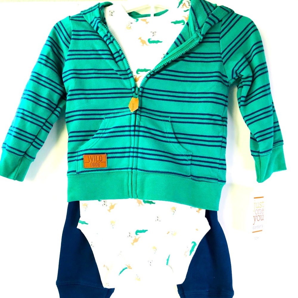 One Piece Infant Romper Australian Animals with Green Stripe Hoodie Navy Pants